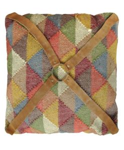 Cushion wool multi shades with leather accent 45x45cm